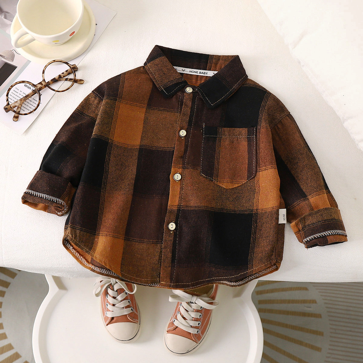 Unisex Plaid Shirt for Kids - Contrast Long Sleeve Turn Down Collar Shirt (1-10 Years) - Neon North Clothing