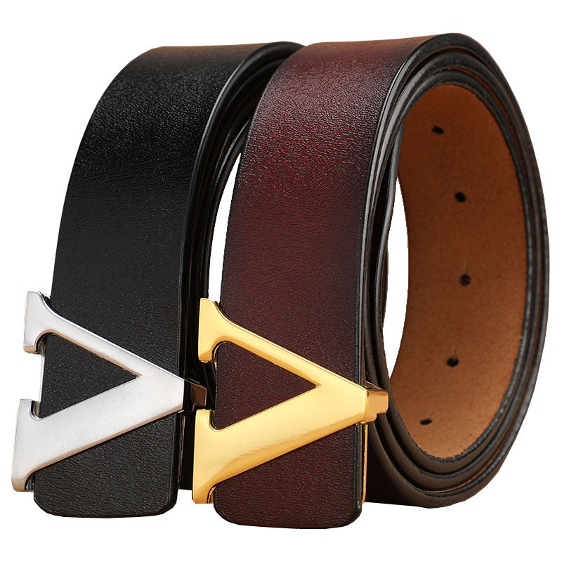 Smooth Genuine Leather Pants Belt - Pure Cowhide Letter V Design - Neon North Clothing