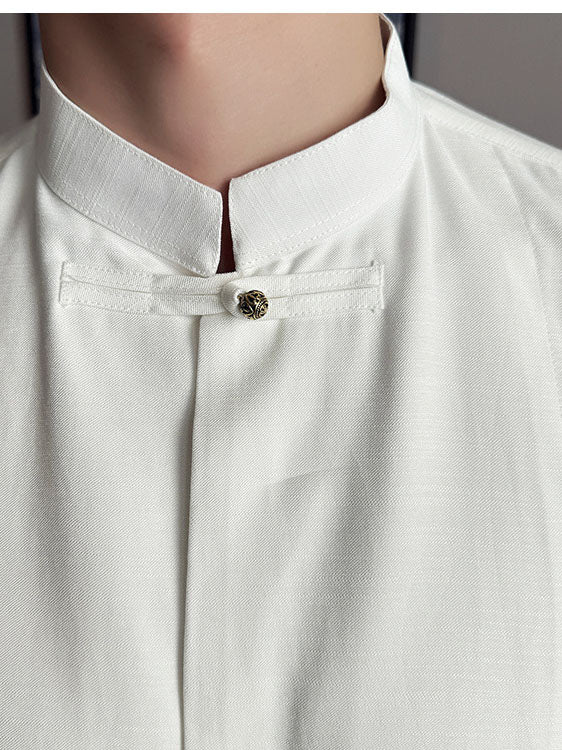 Men's Cotton Long-sleeved Shirt with Solid Color and Stand Collar
