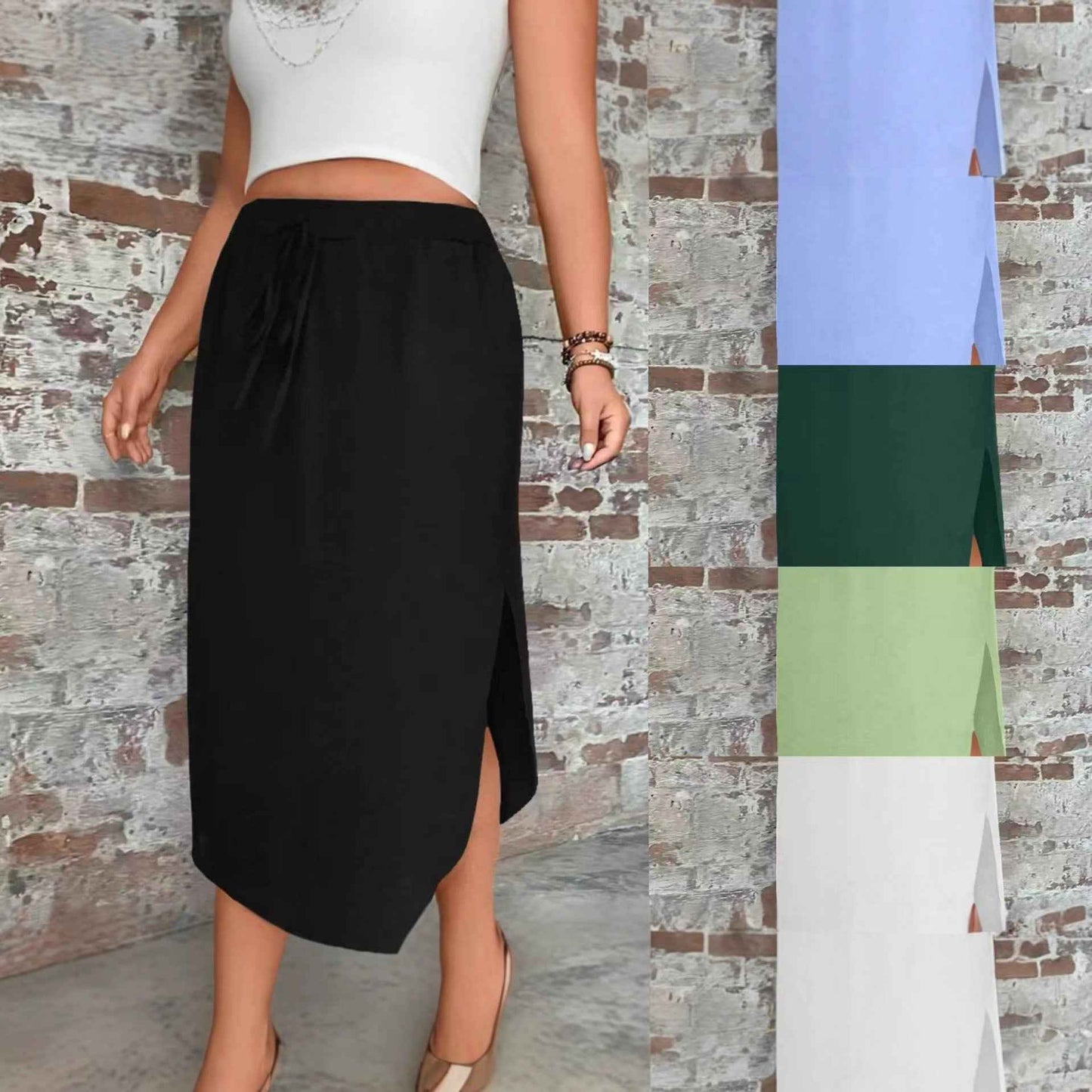 Plus-size Tie-front Split Skirt in Solid Color for Women