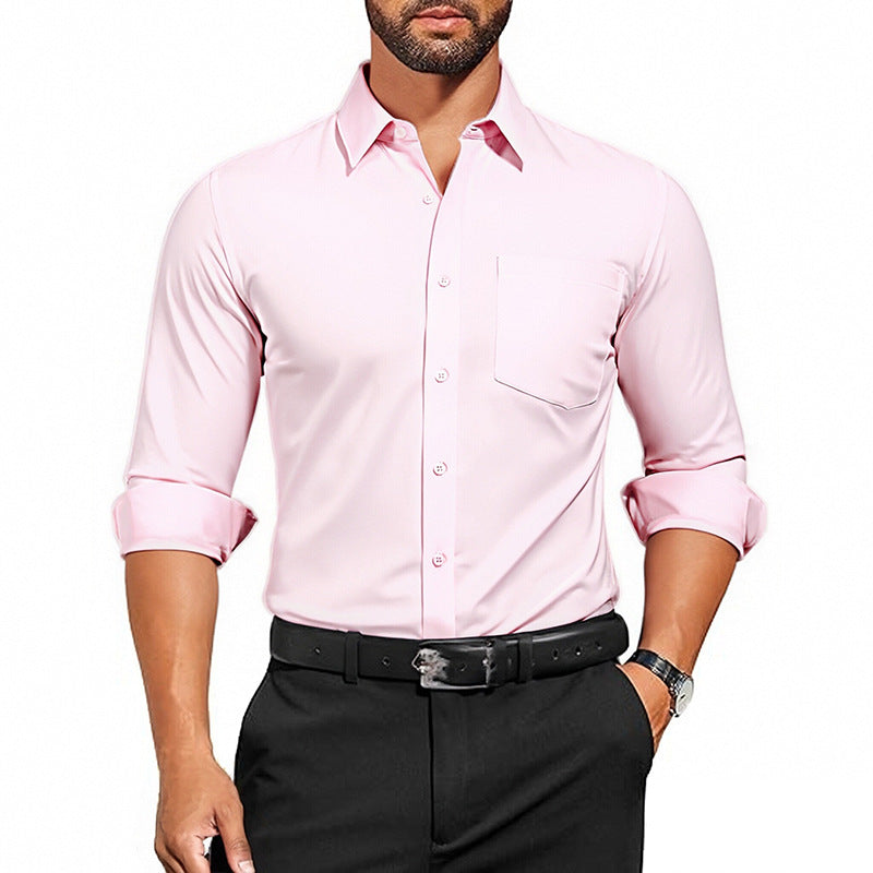Men's Wrinkle-Resistant Dress Shirt - Breathable Stretch Solid Color Long Sleeve Regular Fit