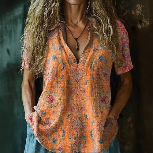 3D Printed Women's V-neck Top - Loose Short Sleeve Design