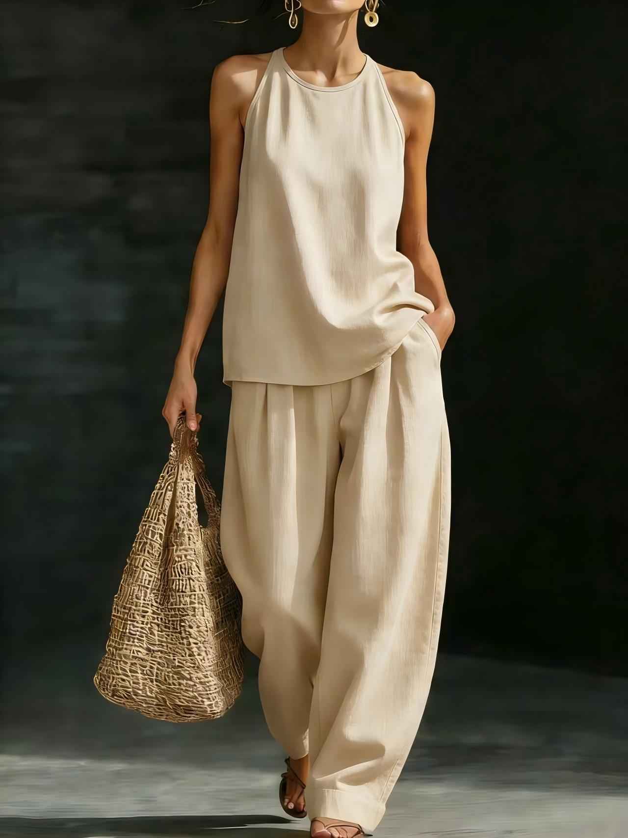 New Womens Sleeveless Casual Set - Fashionable Crew-Neck Design