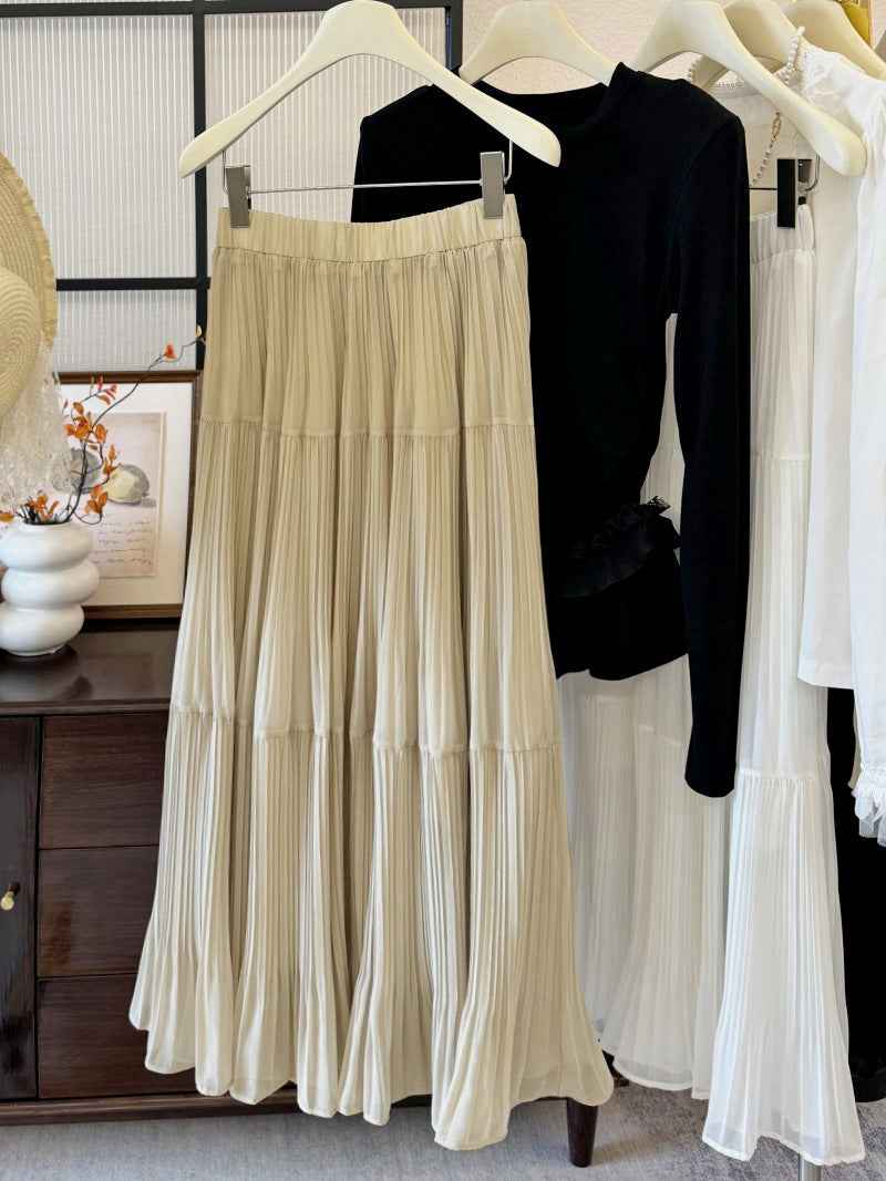 Womens Retro High-Waist Skirt - Elegant Solid-Colored Pleated French-Style Design