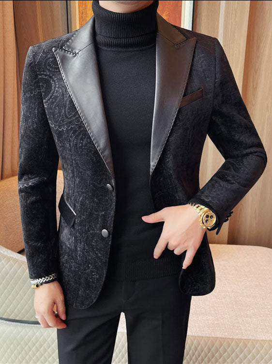 Jacquard Velvet Leather Blazer for Men with Stylish Lapel