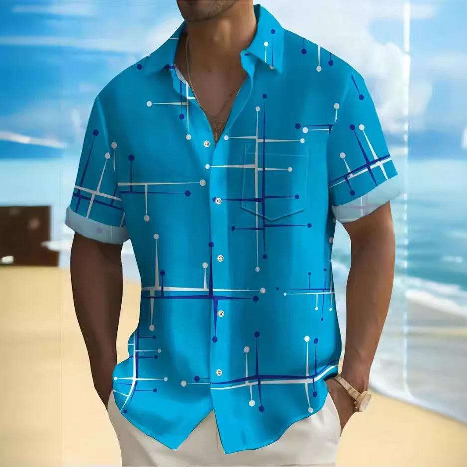 Fashion Printed Men's Short Sleeve Shirt with Lapel Design
