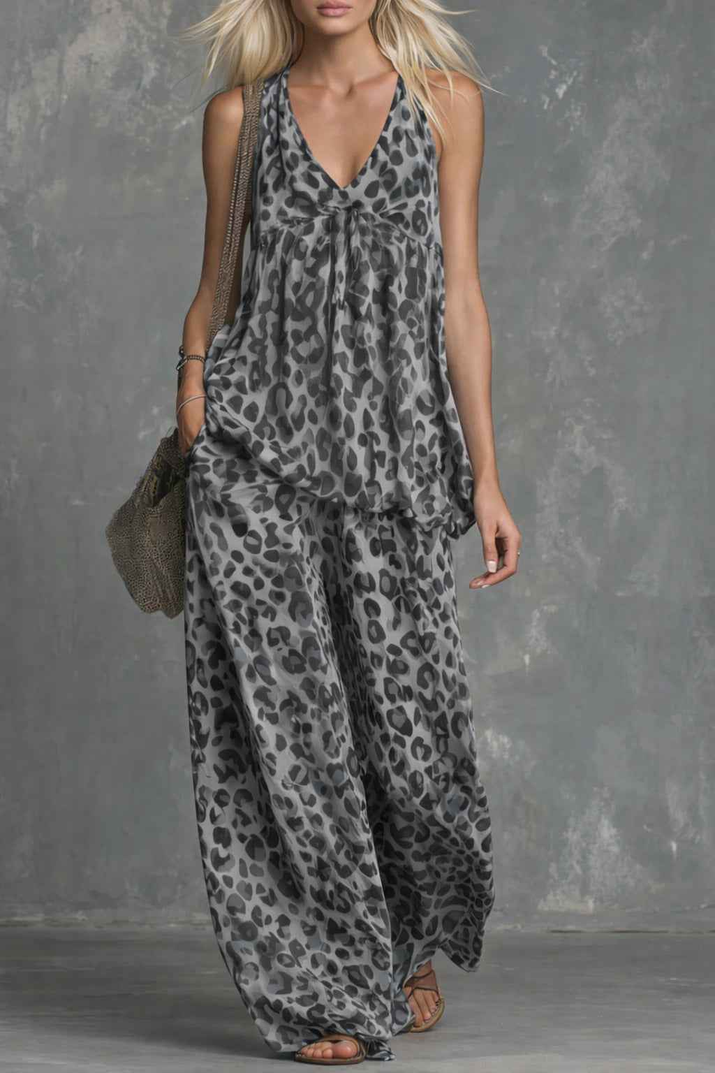 Womens Loose-Fitting Leopard Print Women's Clothing Set with Sleeveless Top and Chiffon Pants