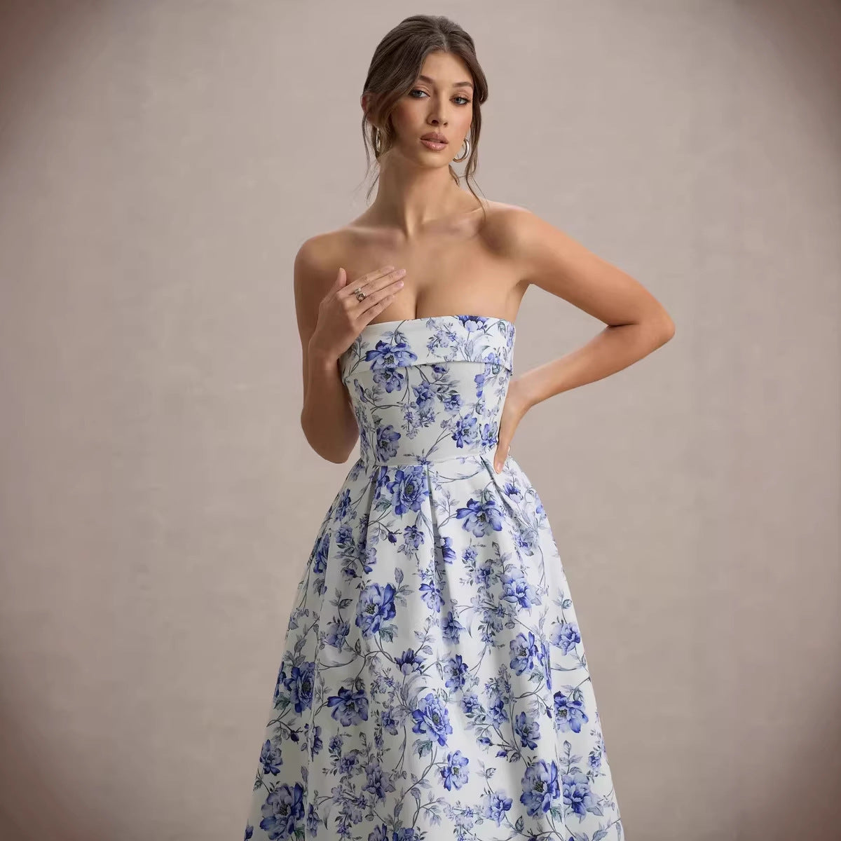 Elegant Floral Off-Shoulder Dress with Waist-Cinched Design - Neon North Clothing
