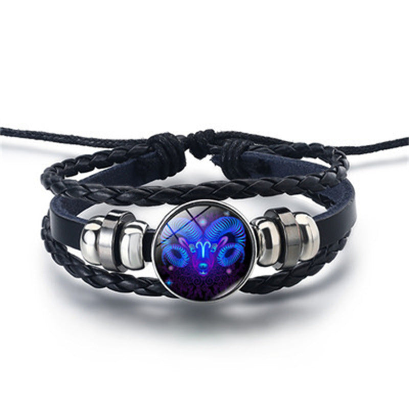 12 Constellations Horoscope Glass Alloy Beaded Glow Leather Bracelet - Neon North Clothing