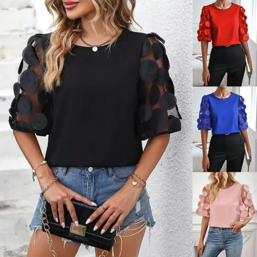 Solid Lace Short Sleeve Blouse for Women - Neon North Clothing