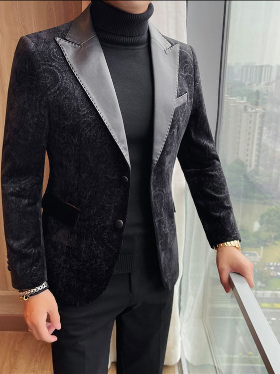 Jacquard Velvet Leather Blazer for Men with Stylish Lapel