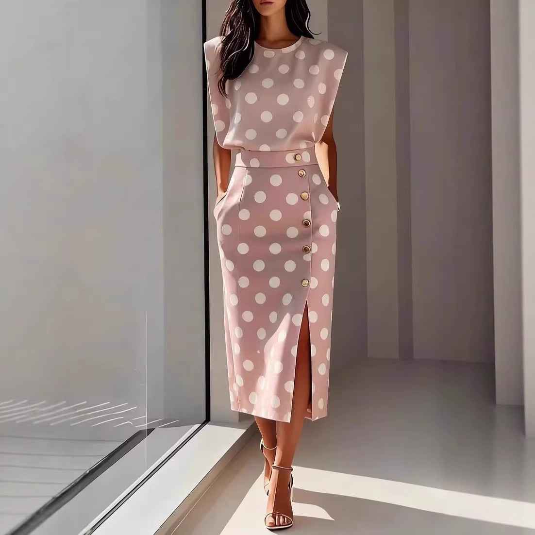 Womens Printed Top and Skirt Set with Sleeveless Design and Slit Long Skirt