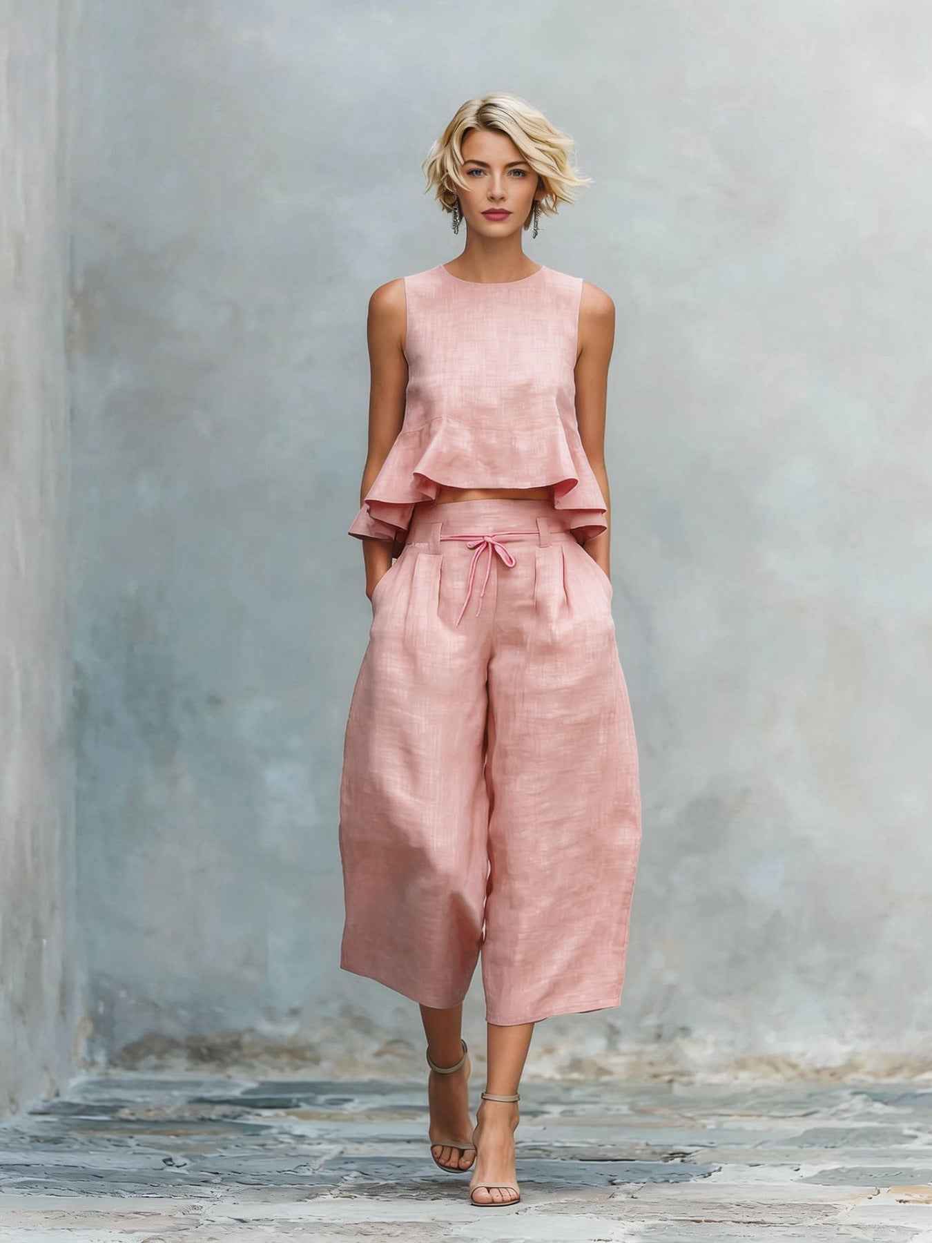 Womens Linen-Blend Two-Piece Set with Ruffled Detailing for Effortless Style