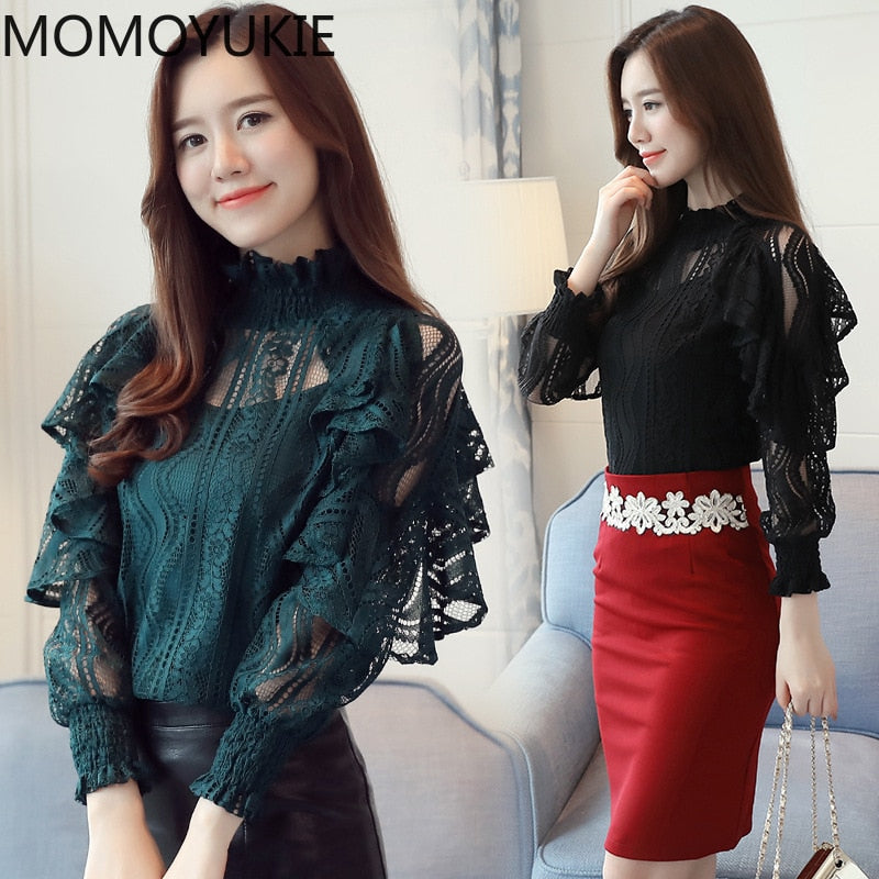 Ruffle Lace Floral Sleeve Blouse with Nine Quarter Sleeve Design - Neon North Clothing