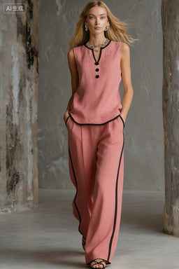 Sleeveless V-Neck Black Trim Contrast Color Simple Womens Top And Wide-Leg Pants Set