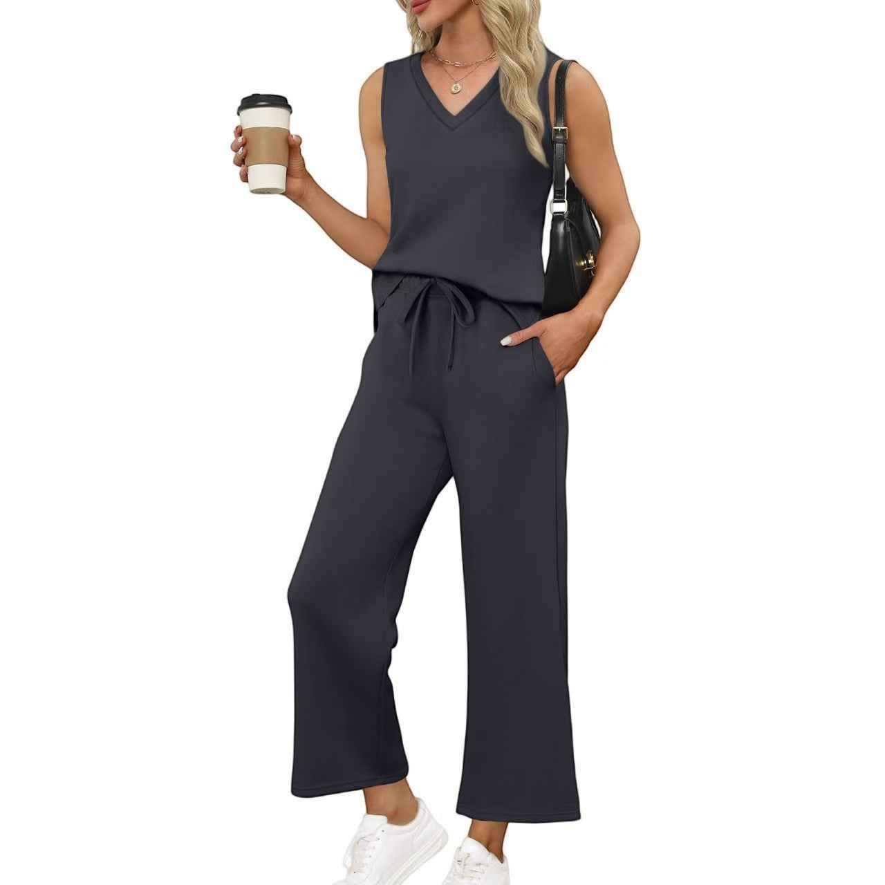 V-neck Vest and Pants Set for Effortless Casual Style