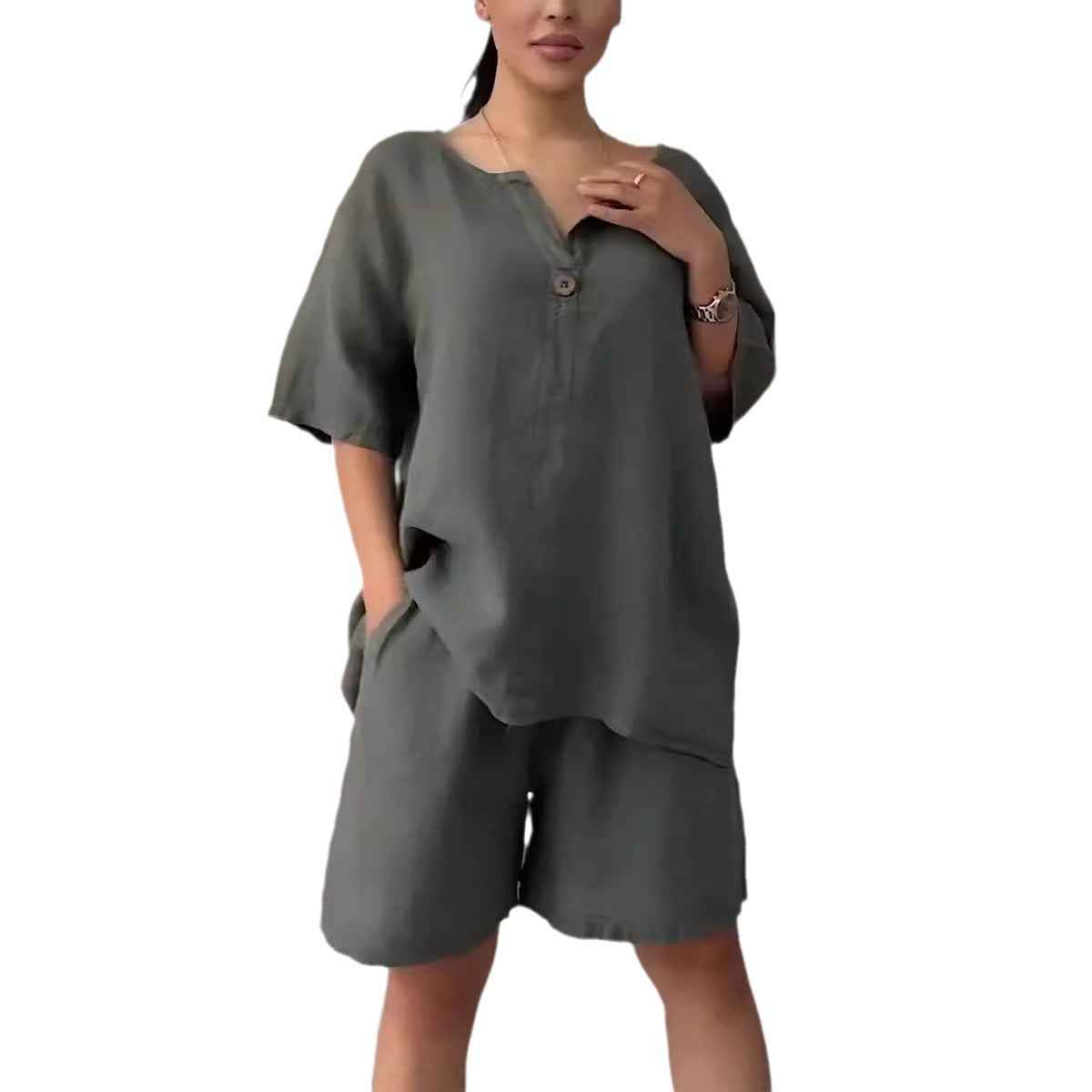 Cotton-linen Shirt Set with Shorts for Women - High-waisted Loose Style
