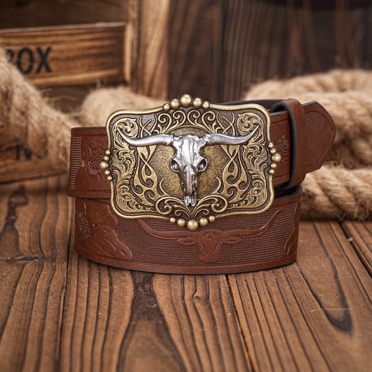 Belt Brown Men's Leather Belt with Bull Skull Embossed Retro Style - Neon North Clothing