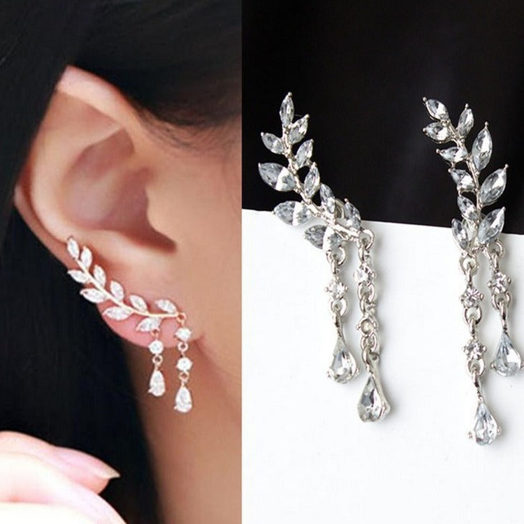 New Sweet Sparkling Diamond Pop Leaf Leaf Tassel Crystal Droplet Earrings - Neon North Clothing