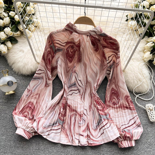 Vintage -Breasted Pleated Chiffon Print Tie-Dye Shirt - Neon North Clothing