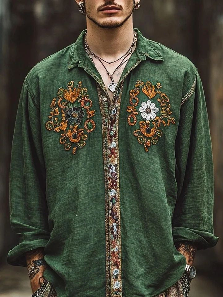 Retro Floral Long-Sleeve Shirt for Men – Casual American-Style Loose-Fitting Print