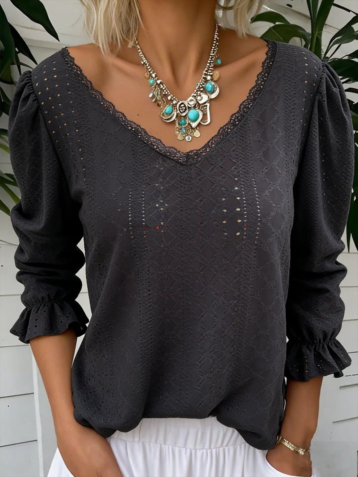 Women's V Neck Hollowed Out Top for Mid Sleeve Stylish Comfort