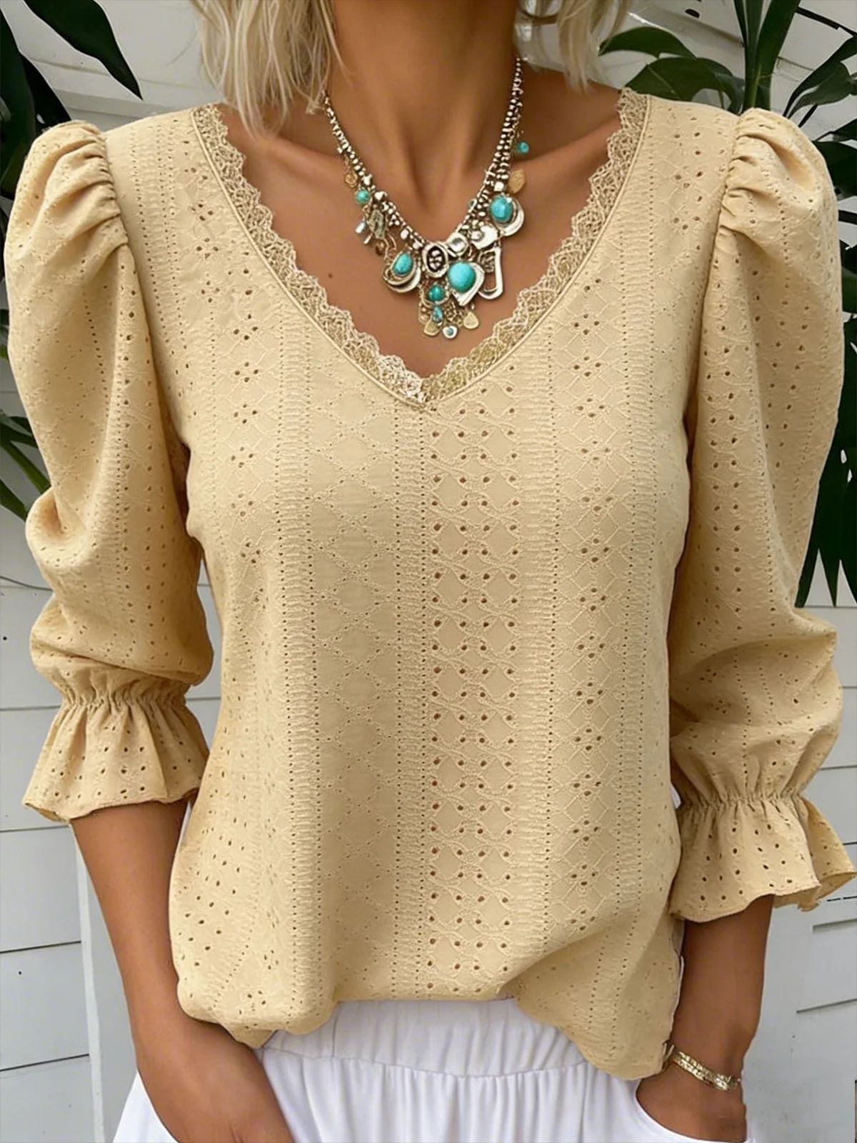 Women's V Neck Hollowed Out Top for Mid Sleeve Stylish Comfort