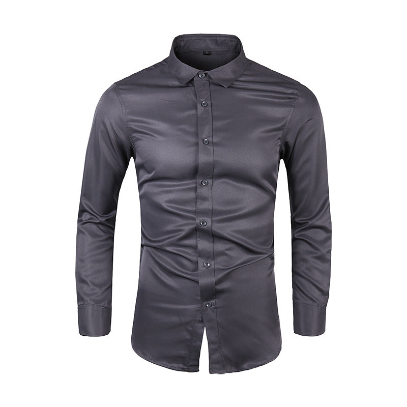 Long-sleeve Plus-size Business Shirt with Lapel Collar - Slim Fit Solid Color