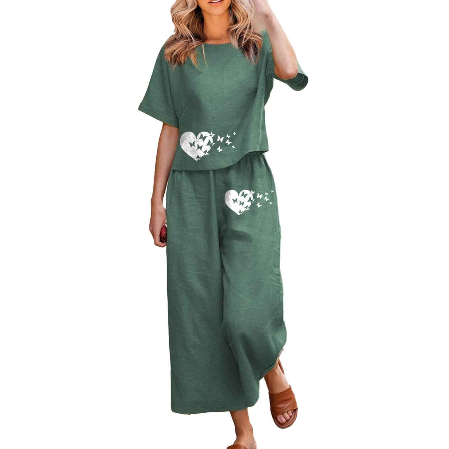 New Solid-color Short-sleeve Set With Heat-transfer Print, Two-piece Set