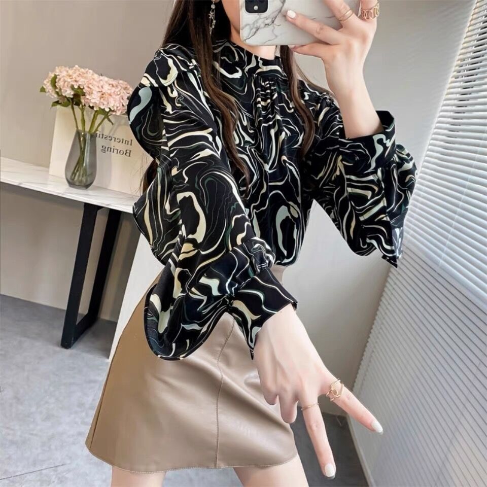 Loose Chiffon Blouse with O Neck Stripe Print and Lantern Sleeves - Neon North Clothing