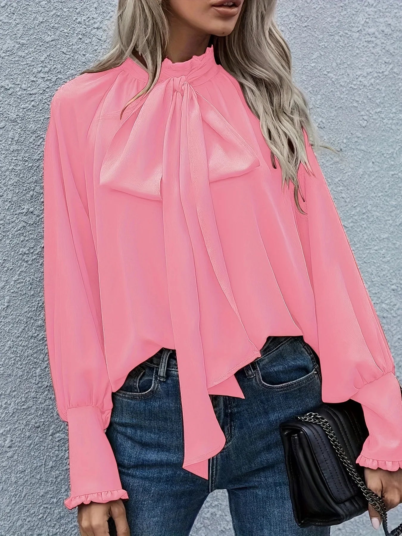 High Collar Bow Tie Long Sleeve Casual Loose Versatile Round Neck Top - Neon North Clothing