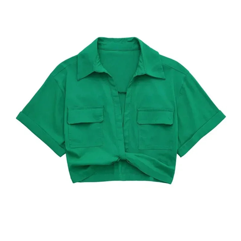 Chic Vintage Cropped Blouse with Front Knot, Elastic Linen, Short Sleeve, and Patch Pockets - Neon North Clothing
