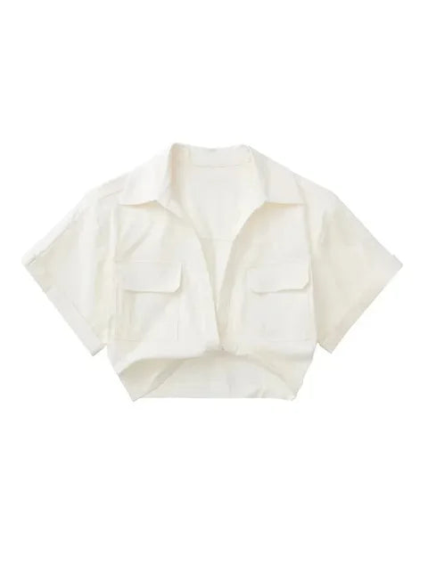 Chic Vintage Cropped Blouse with Front Knot, Elastic Linen, Short Sleeve, and Patch Pockets - Neon North Clothing
