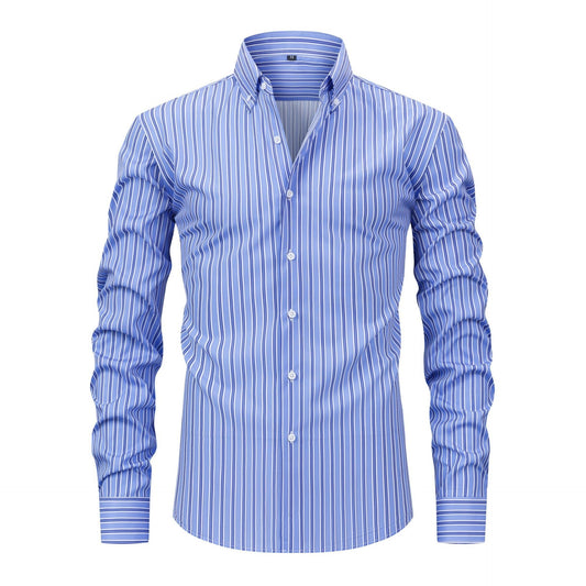 Men's Striped Lapel Shirt with Digital Print - Long-Sleeved Style