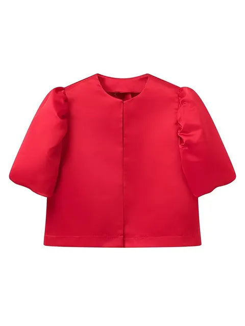 Solid Satin With Pouf Balloon Sleeve Blouse - Neon North Clothing