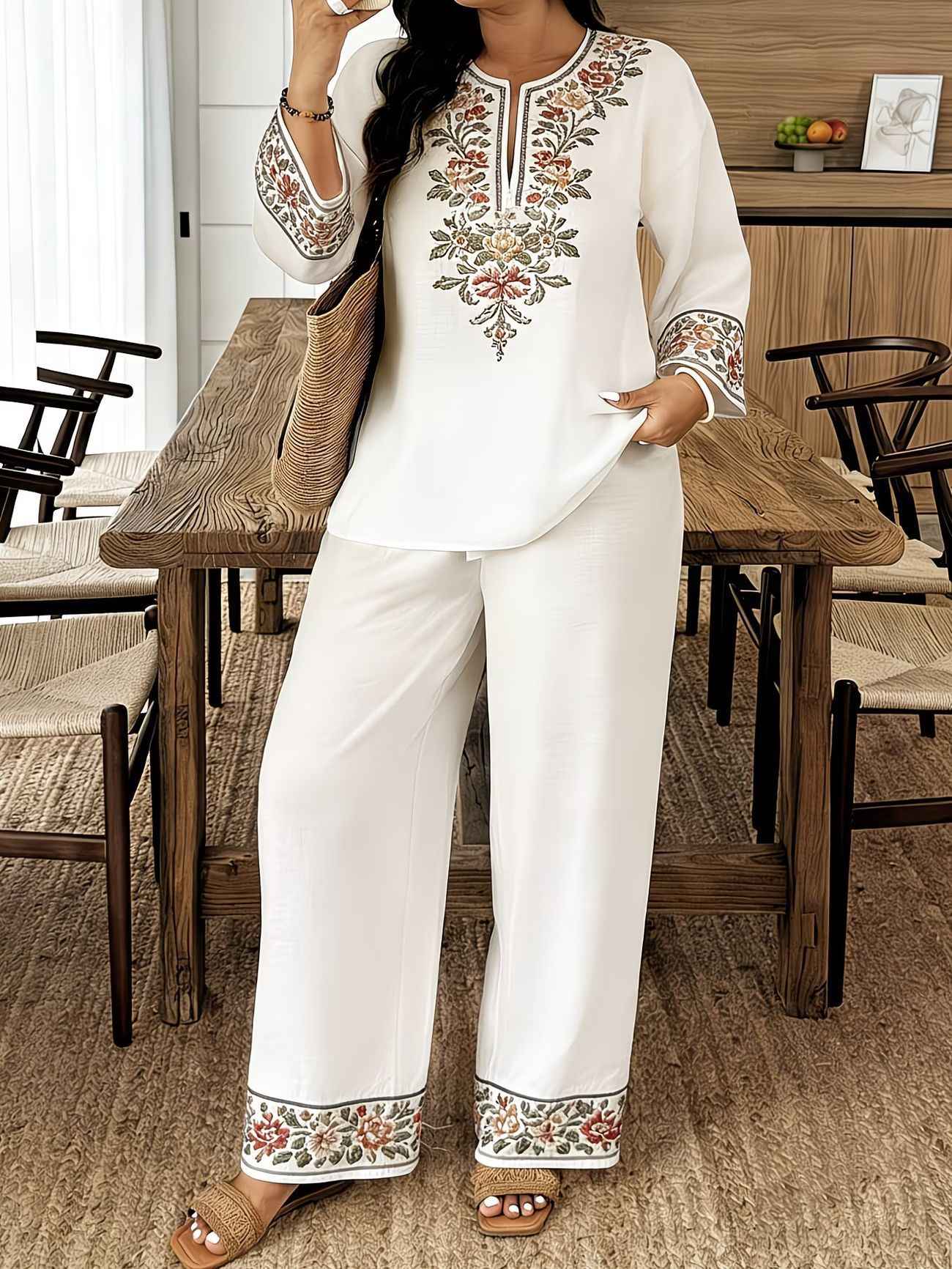 Middle Eastern Lace Floral Set - Elegant Long-sleeve Ethnic-style Fashion