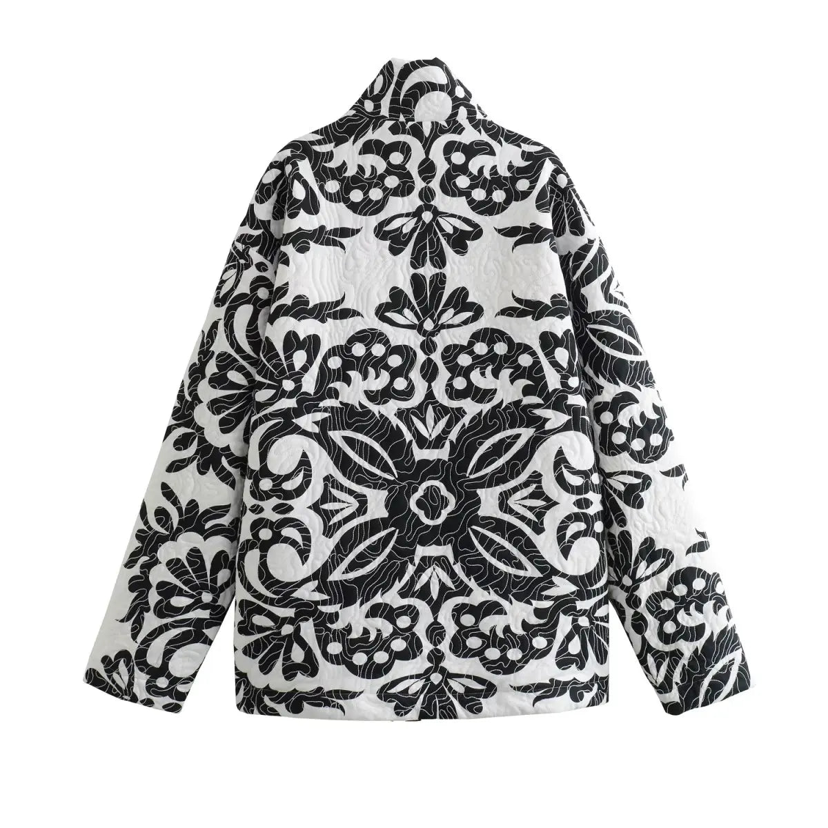 Women Black and White Printed Quilted Cotton Parka Jacket - Neon North Clothing