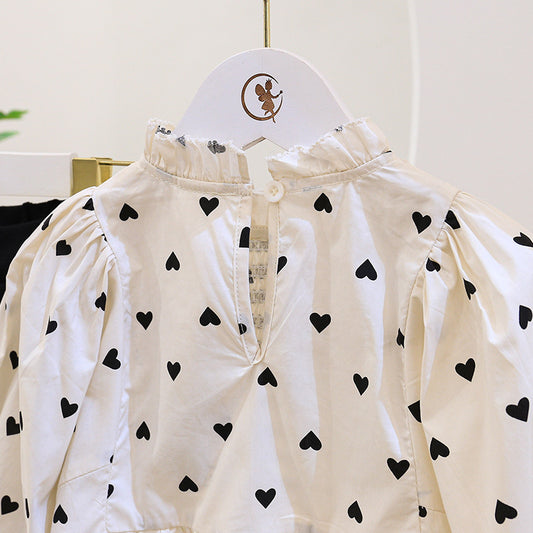 Girl Bow Heart Outfit - Cotton Two-Piece Shirt and Flared Pants Set for Girls