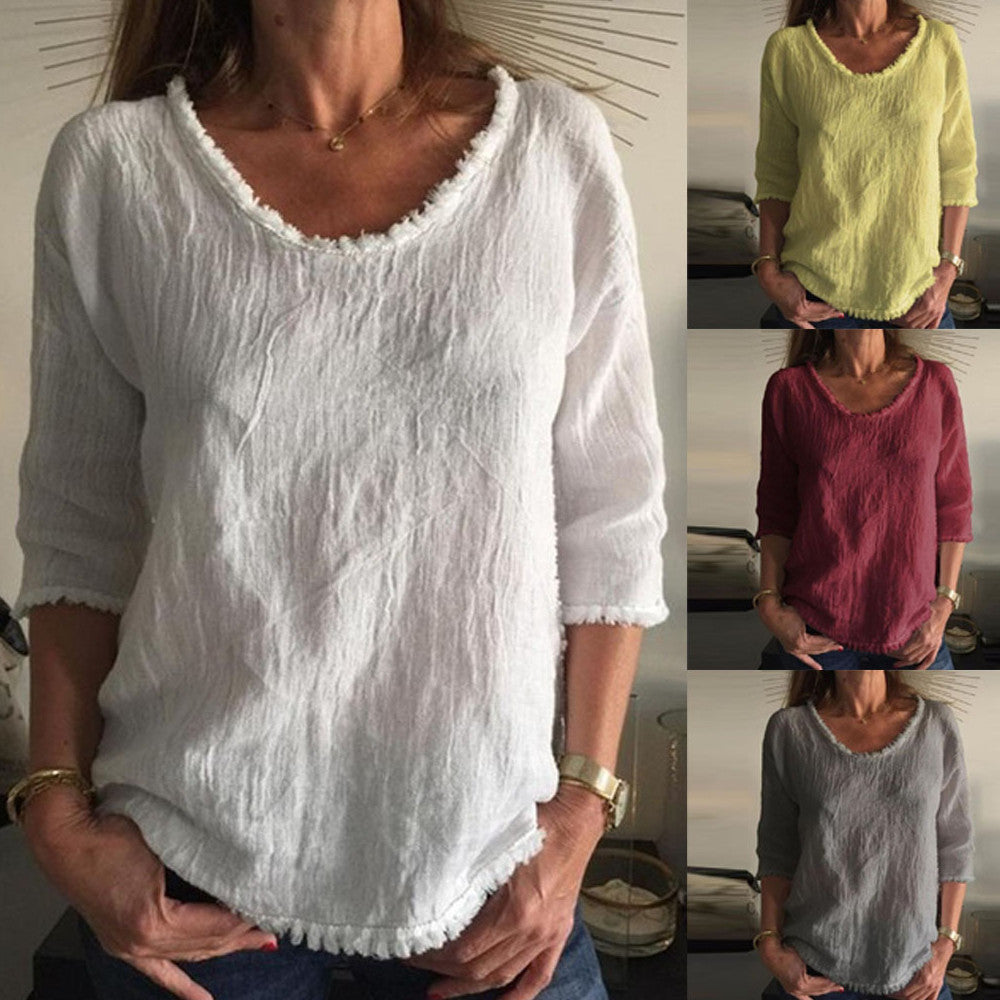 Round Neck Cotton Tassel Top with Three-Quarter Sleeves