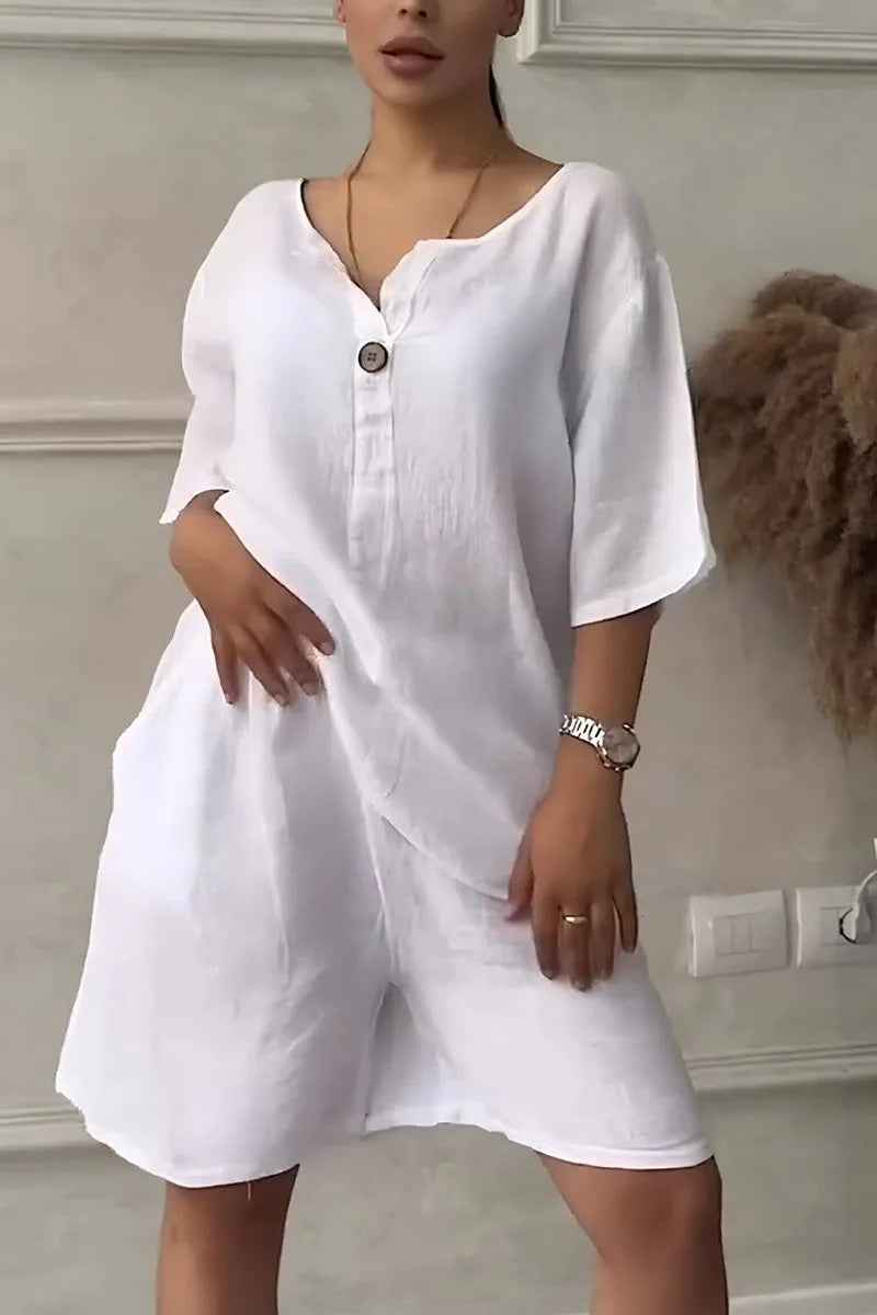 Cotton-linen Shirt Set with Shorts for Women - High-waisted Loose Style