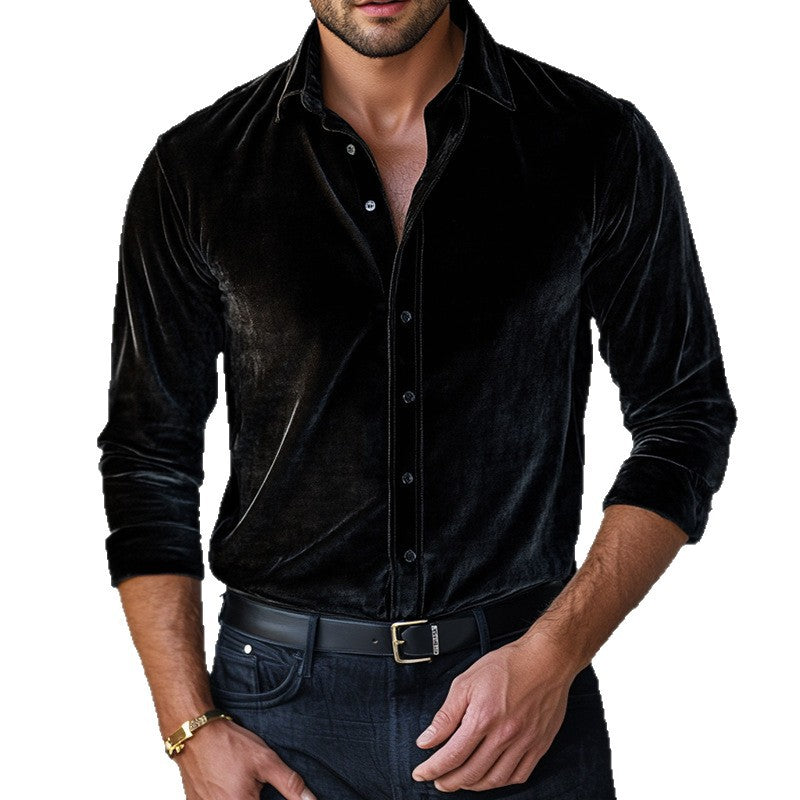 Velvet Long Sleeve Shirt - Loose Fit Solid Color Style
