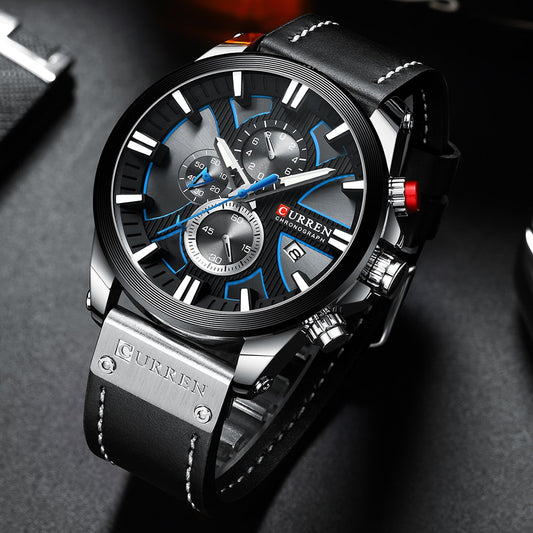 CURREN Chronograph Watch with Leather Strap and Quartz Movement