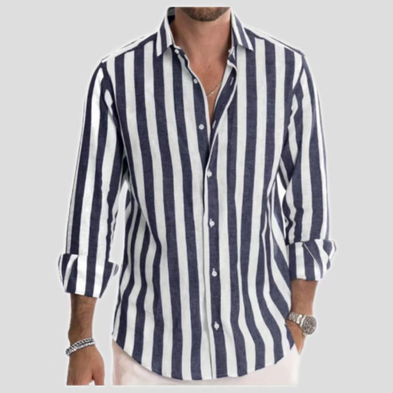 Mens Long-Sleeve Striped Button-Down Shirt - Stylish Slim Fit