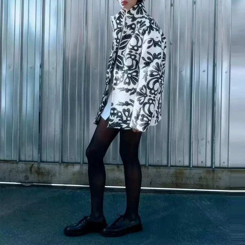Women Black and White Printed Quilted Cotton Parka Jacket - Neon North Clothing