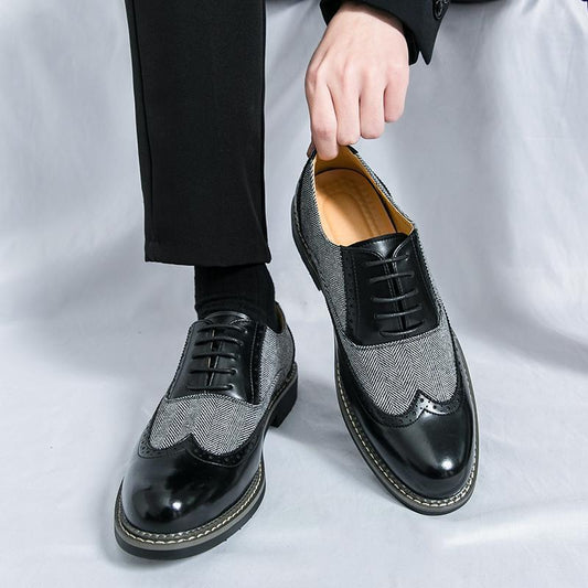 Brogue Men's Leather Shoes - Casual Formal Wear with Plaid Design