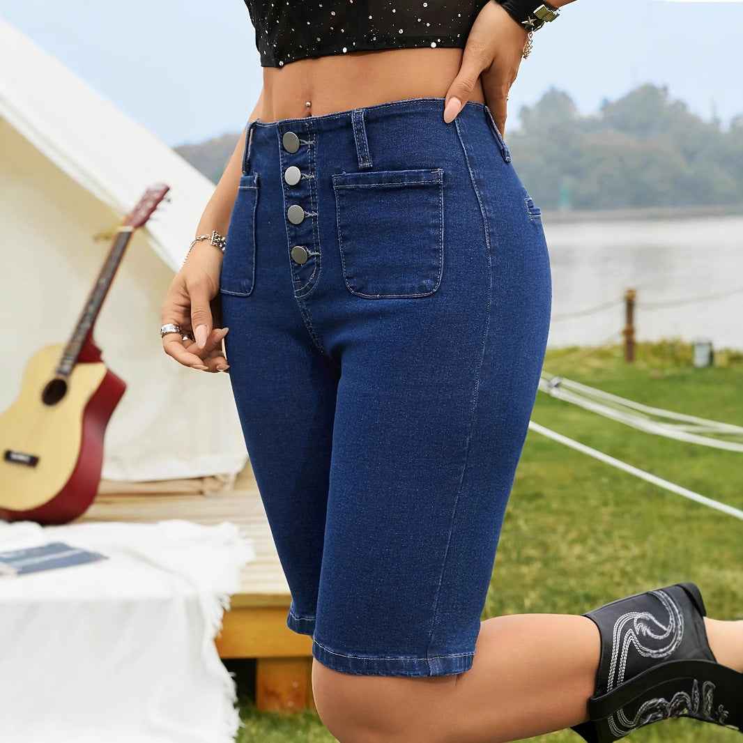Casual Summer Denim Shorts with Button-Fly and Stretch Fit