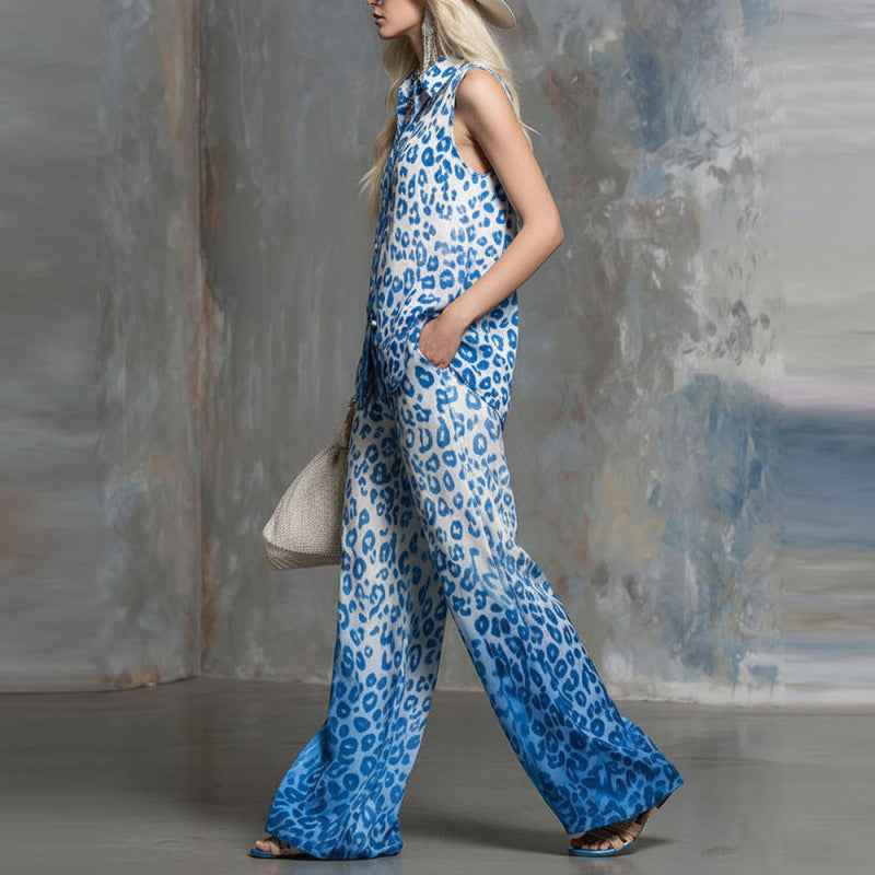 Loose-fit Leopard-print Two-piece Set: Sleeveless Shirt and Trousers