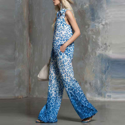 Loose-fit Leopard-print Two-piece Set: Sleeveless Shirt and Trousers