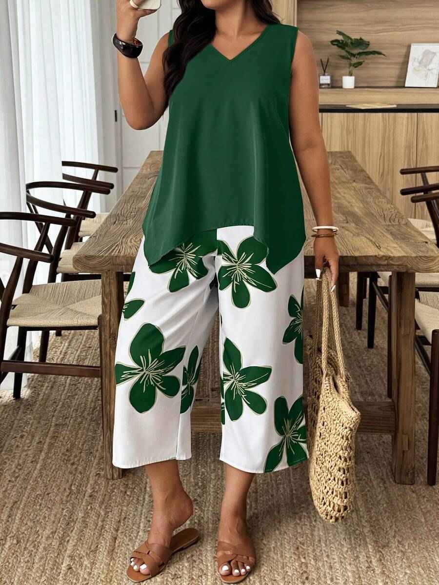 Women's Printed Cropped Pants Set for Casual Elegance