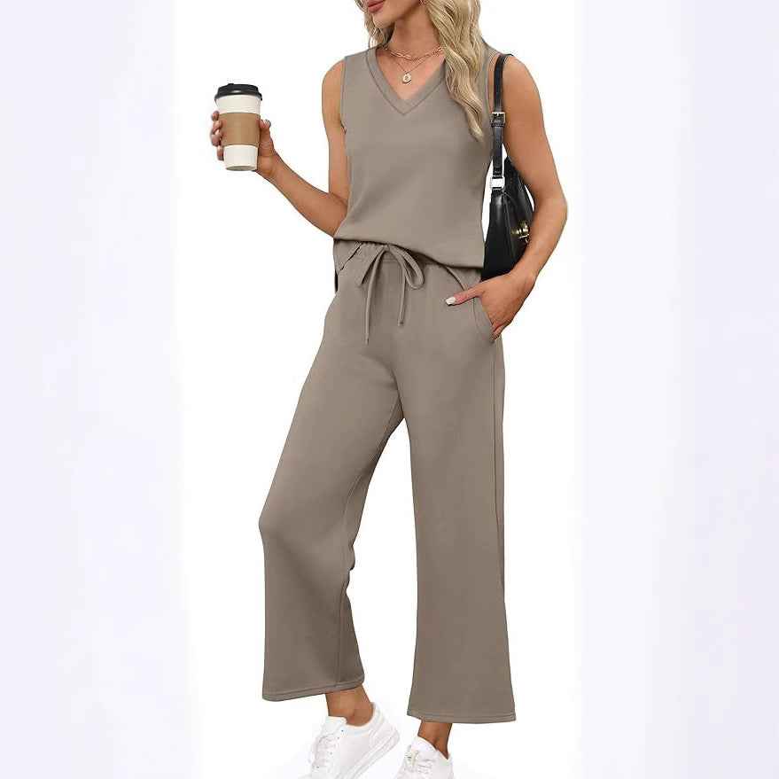 V-neck Vest and Pants Set for Effortless Casual Style